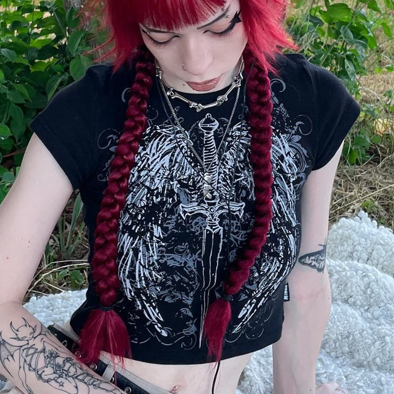 90s Harajuku printed T-shirt short sleeved tight top women's Y2K street wear exposed navel top