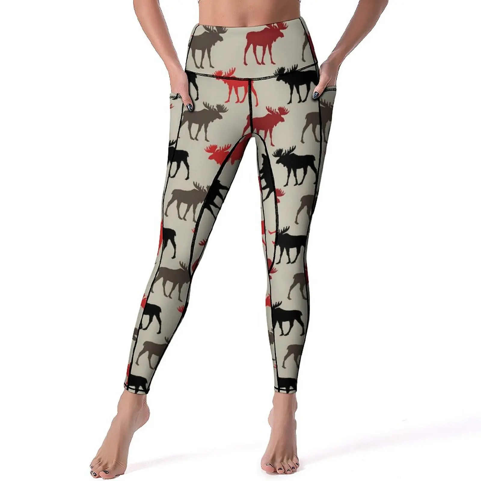 

Silhouette Deer Leggings Pockets Animal Print Graphic Yoga Pants High Waist Fitness Yoga Legging Casual Stretch Sports Tights