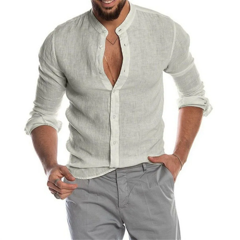 Cotton Linen Men Summer Blouse Long Sleeve Shirt