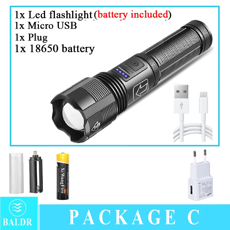 brightest flashlights BALDR Portable Zoom Led Flashlight High Power USB Rechargeable Tactical Flashlight XHP70.2 Hunting Camping Torch 5 Mode Lantern best tactical torch Flashlights