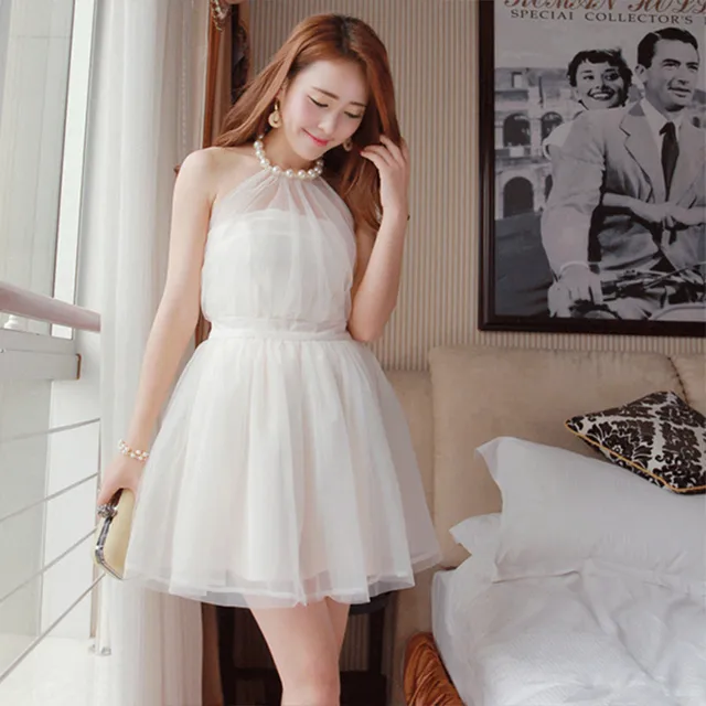 Summer Fashion Little Black White Mini Dress Pearl Halter Sexy Backless  Princess Mesh Dress Sleeveless Fairy Holiday Party Dress - Dresses -  AliExpress