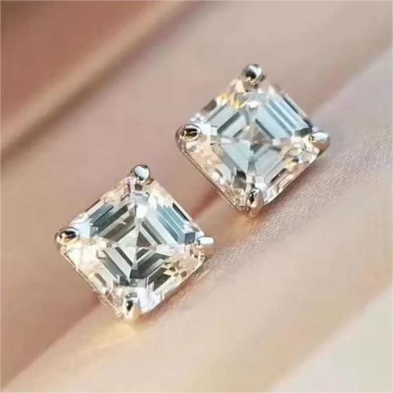 

High Carbon Diamond 925 Sterling Silver Female Diamond Jade Cut Princess Square Small Earrings Engagement Jewelry