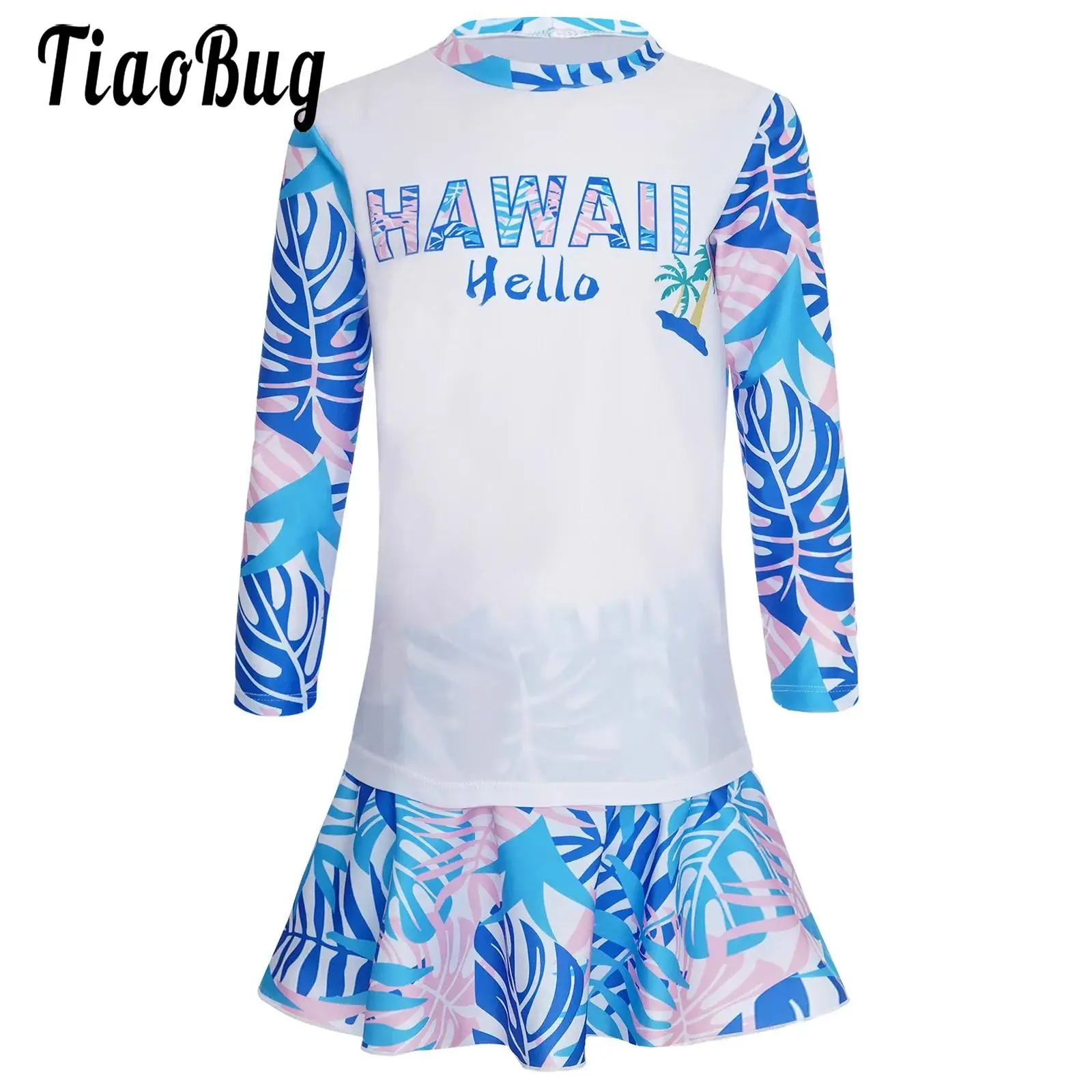 큰 소녀 래쉬가드 수영복, 열대 프린트 수영복, 긴 소매 셔츠 및 수영 반바지 스커트 세트, 4-14 세 해변 목욕 세트 