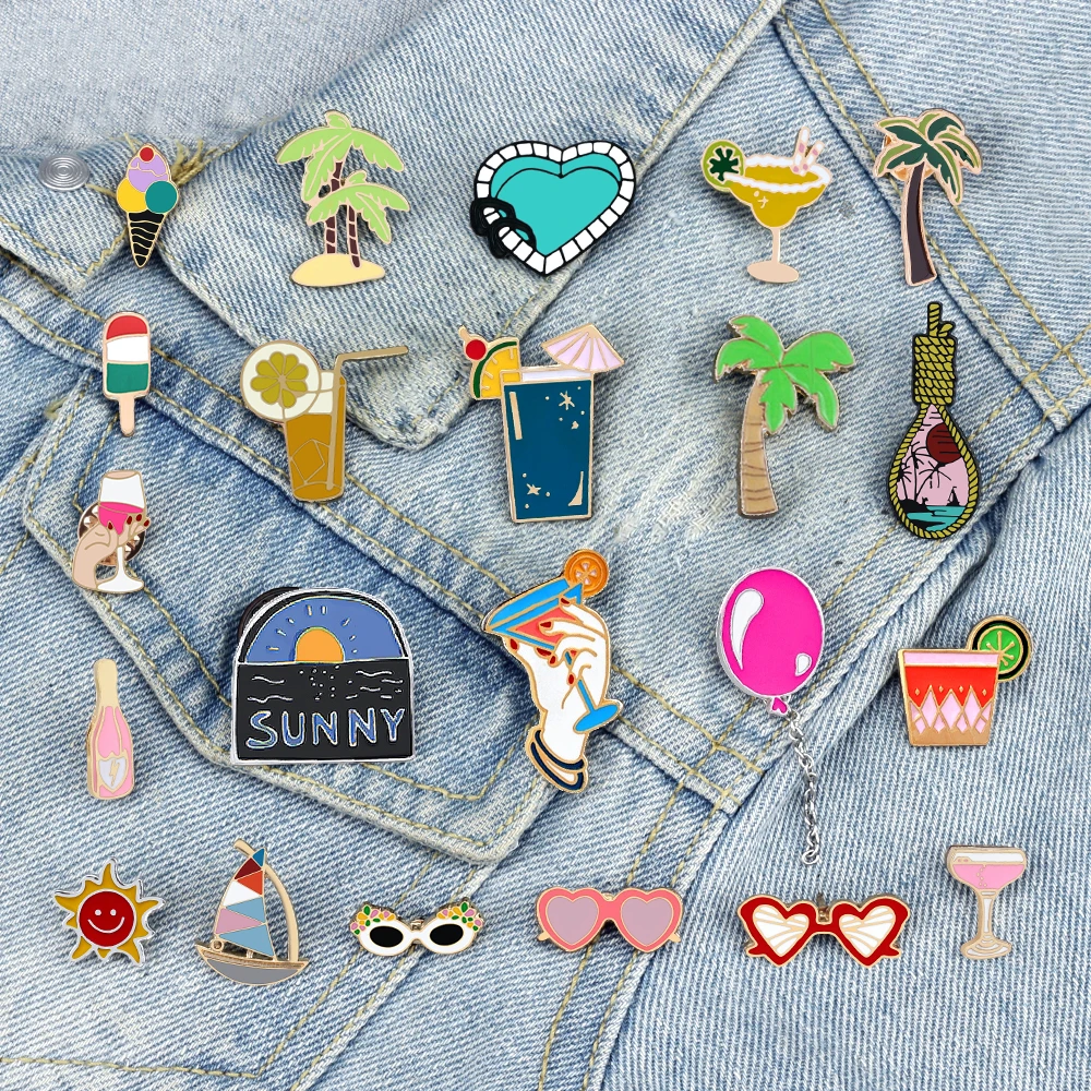 

Летняя Праздничная брошь Enjoy, мультяшная эмалированная брошь в виде морского пляжа, солнцезащитных очков для друзей, чашки для напитков, мороженого, дерева, значков в сумке, ювелирные изделия, подарок