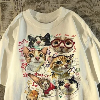 American Retro Fun Cartoon Cat Print Short-sleeved T-shirt Women's Summer Loose Top T-shirt Graphic T Shirts Women Clothing Y2K 1