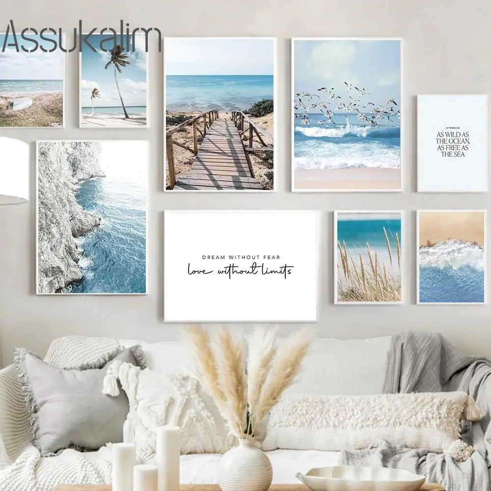 Beach Palm Canvas Painting Reed Painting Poster Boat Bridge Print Pictures Erba Secca Wall Art Nordic Poster Decorazione Della Casa