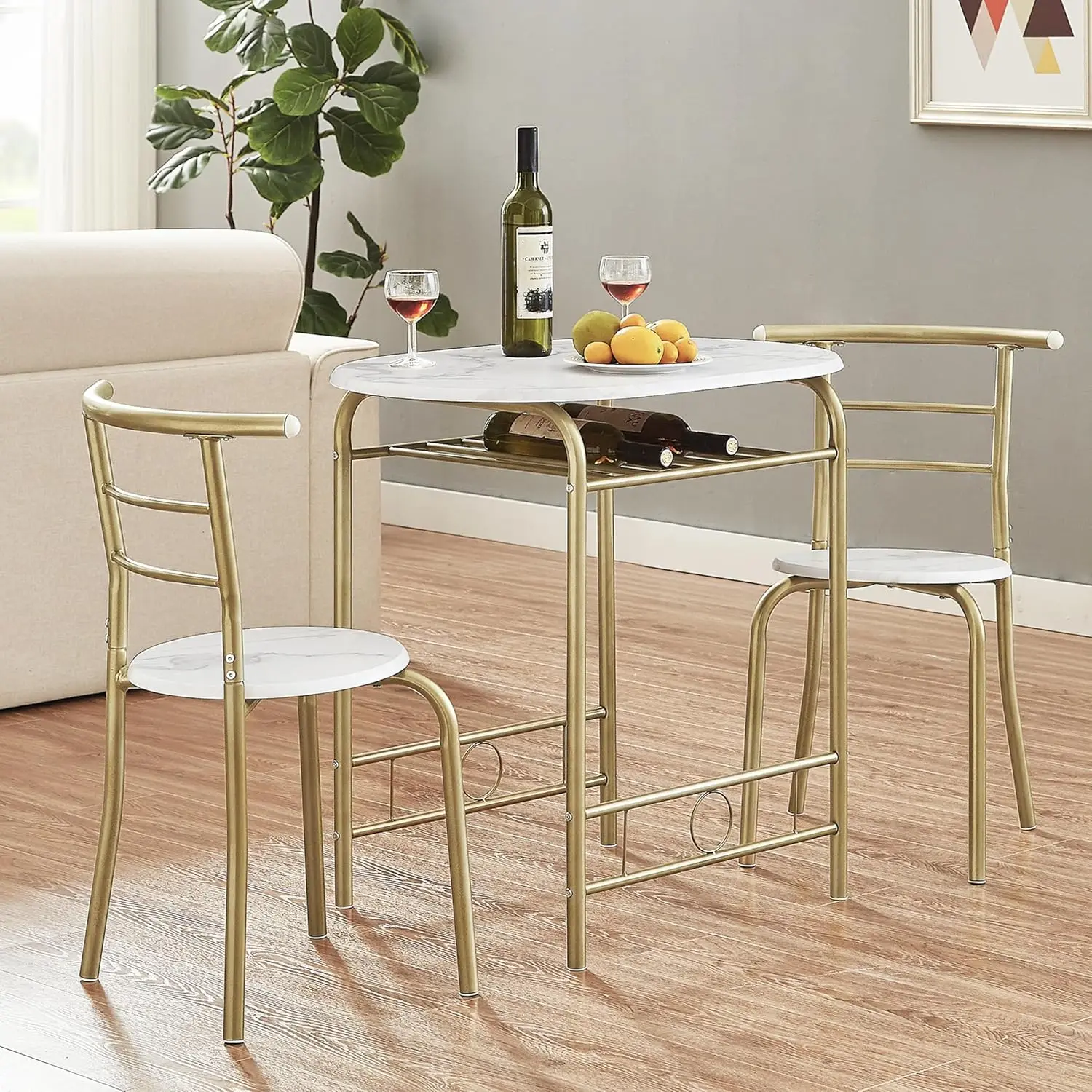 3-Piece Dining Table Set. Wood Grain Oval Tabletop. Metal Frame. Built-in Wine Rack. For Small Spaces. White & Gold.