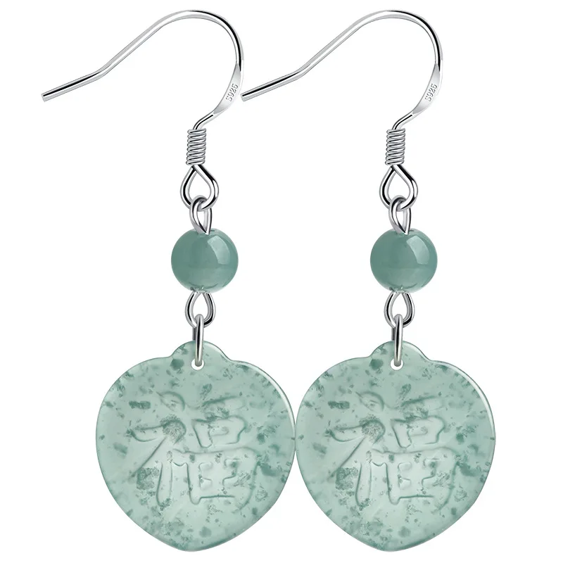 

Blue Burmese Jadeite Fu Earrings Stone Luxury 925 Silver Carved Fashion Amulet Gifts for Women Gift Natural Jewelry Accessories