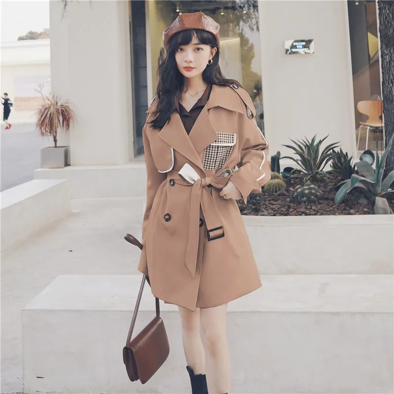 

2023 Autumn Windbreaker Women Elegant Fashion Korean Style Double Breasted Belted Loose Casual Splice Trench Coat Jacket 2227