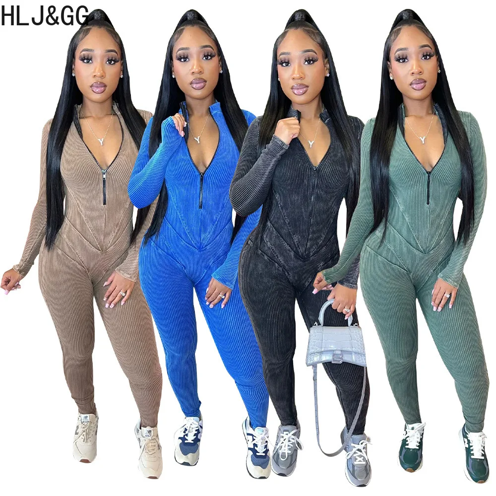 

HLJ&GG Casual Ribber Zipper Bodycon Jumpsuits Women Deep V Long Sleeve Skinny Pants One Piece Playsuits Female Sporty Overalls