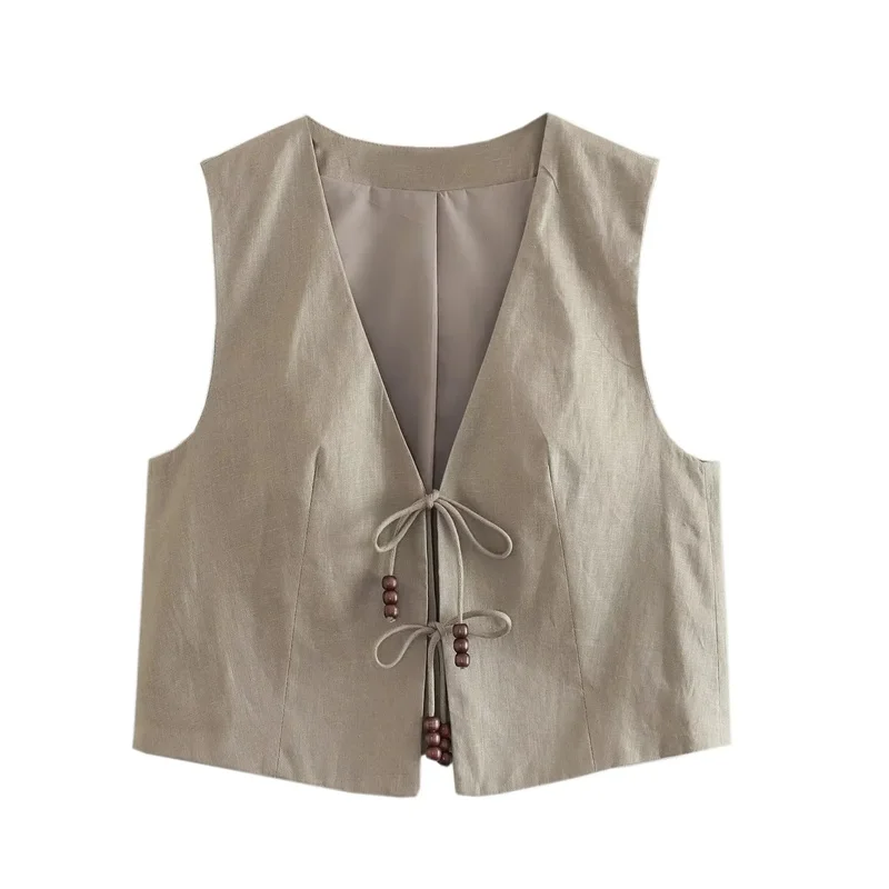 TRAF 2024 Black Cropped Vest Women Jacket Beading Tied Sleeveless Vest Woman Fashion V Neck Summer Vest Short Coats Waistcoat 2