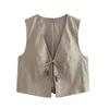 TRAF 2024 Black Cropped Vest Women Jacket Beading Tied Sleeveless Vest Woman Fashion V Neck Summer Vest Short Coats Waistcoat 2
