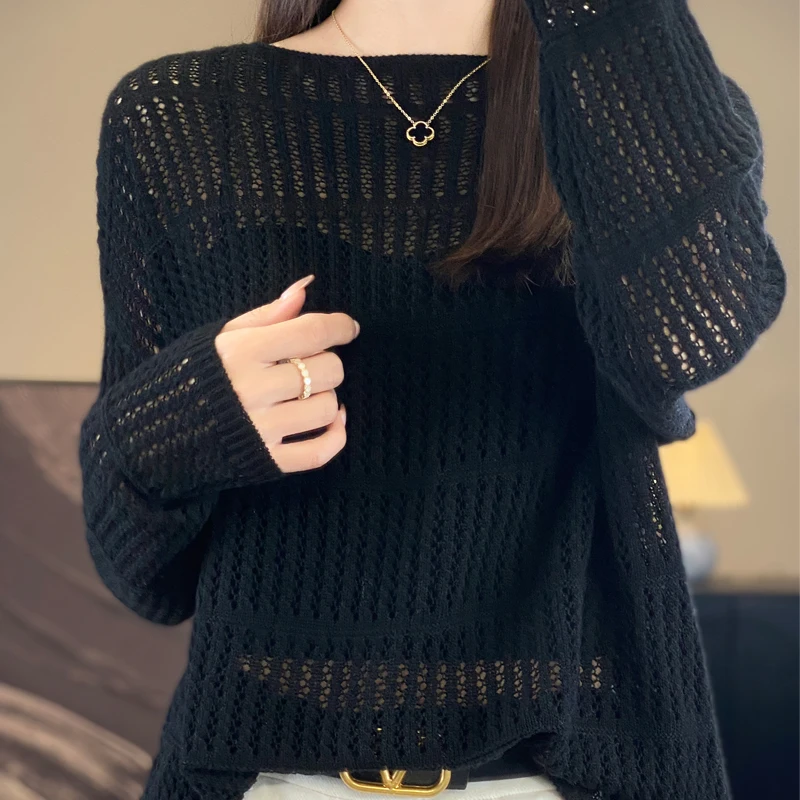 

Женский модный пуловер с вырезами и круглым вырезом, свитер из чистой шерсти с длинными рукавами, однотонный сексуальный пуловер, топ, новая модель 2024
