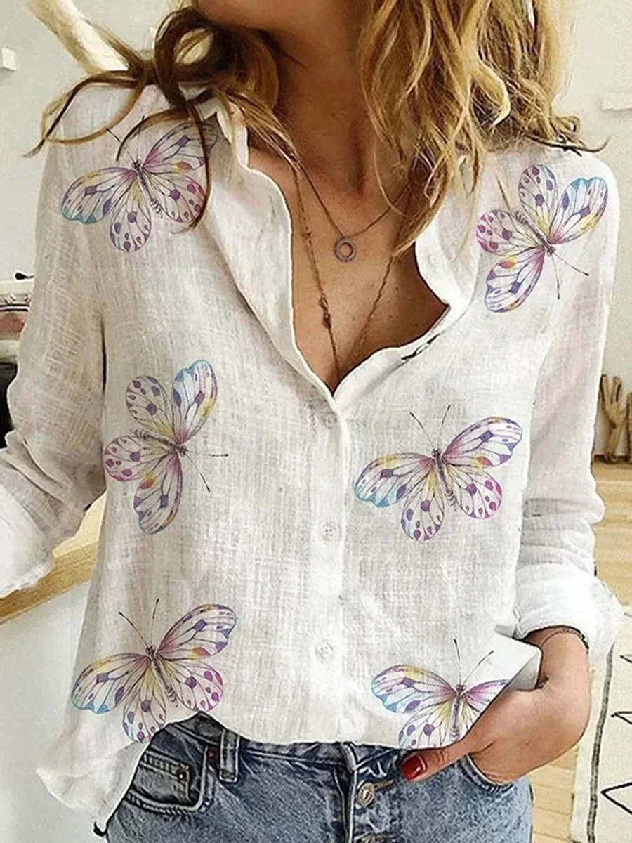 Fashion Stitching 3D Print Long Sleeve Blouses Women 2023 Autumn Lapel Button Casual Tops Lady 3XL Cotton Polyester Shirts