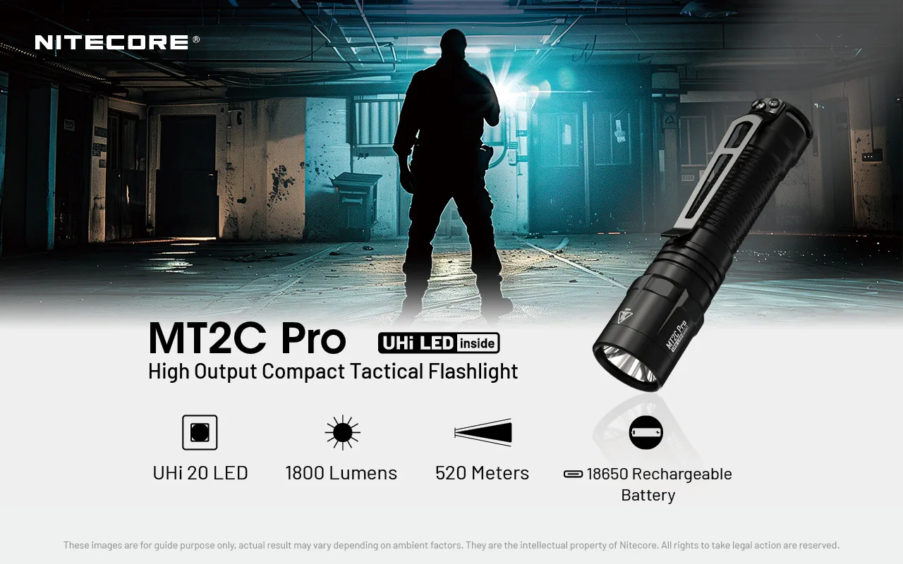 Nitecore MT2C 프로 컴팩트 전술 손전등, UHi20 LED 조명, 1800 루멘 NL1836R 충전식 배터리 포함