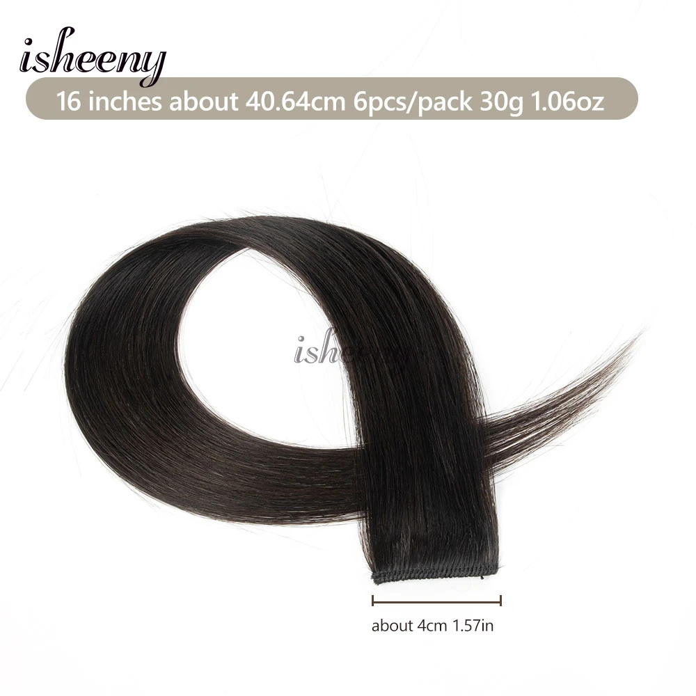 Isheeny 6er-Set Mini Clip-in Echthaarverlängerungen, 1 Clip-on Maschinenweft-Haarverlängerung, 12-16 Zoll, 30g/Packung, natürlich glattes Clip-Haarteil – Detail 2