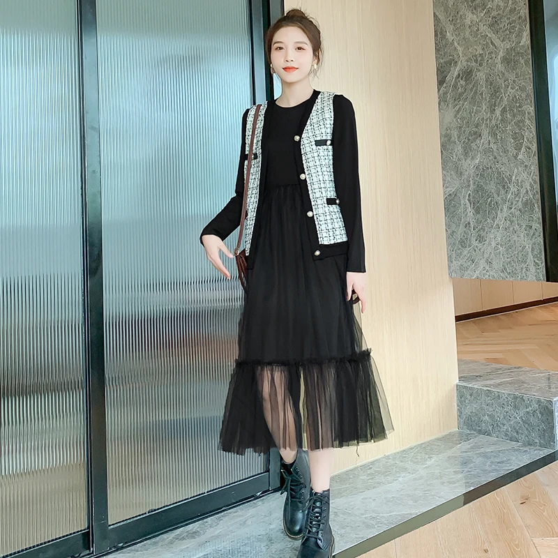 

Pregnancy Woman Lactation Two-piece Dress Suits Mesh Patchwork Dress+Plaid Vest Elegant Maternity Clothes Set Black Dress Suits