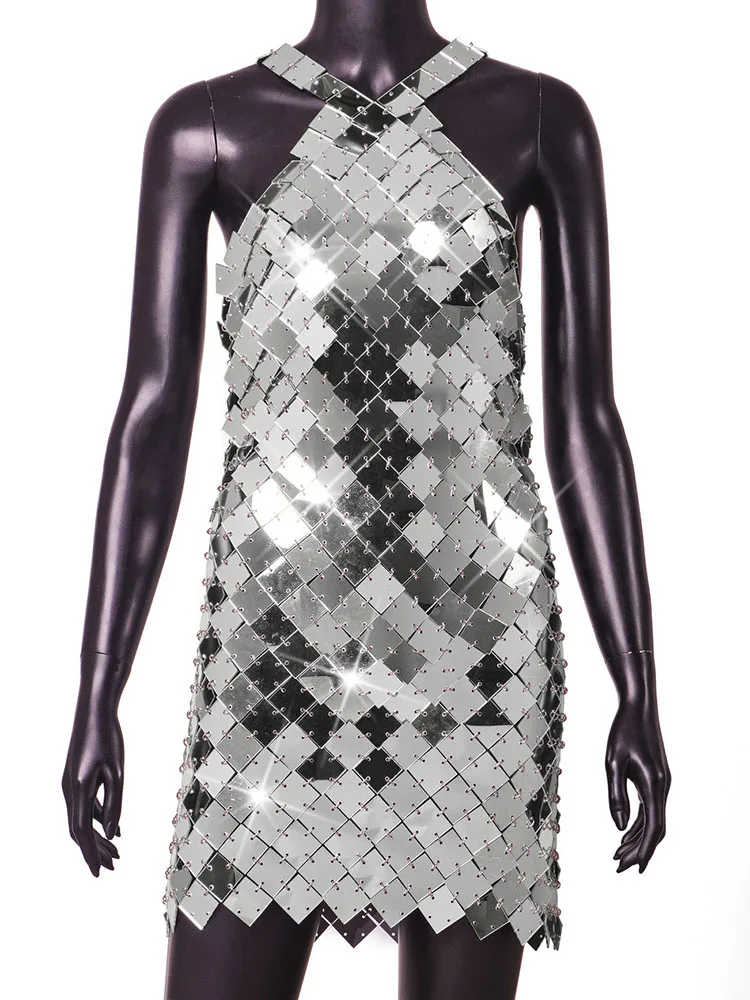 Y2k Metal Chain Shiny Plastic Sequins Mini Dress For Women Sexy See Through  Nightclub Party Rave Backless Woman Dresses Clothes - AliExpress