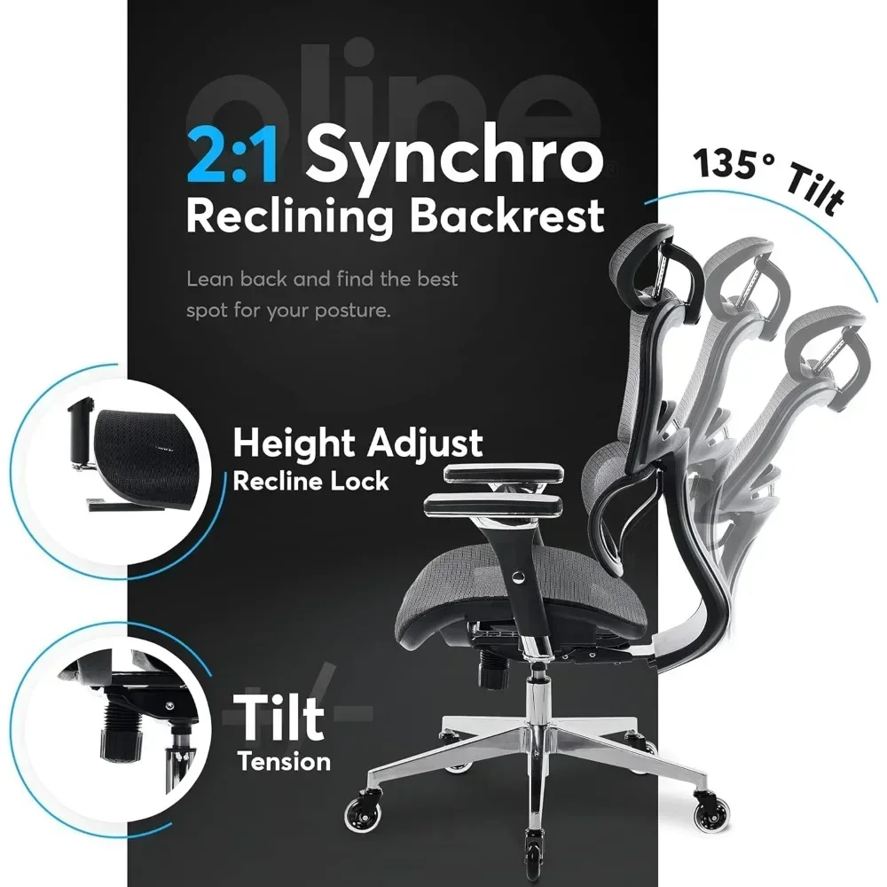 "ergonomic mesh office chair with 4d armrests, 3d lumbar support, and blade wheels"