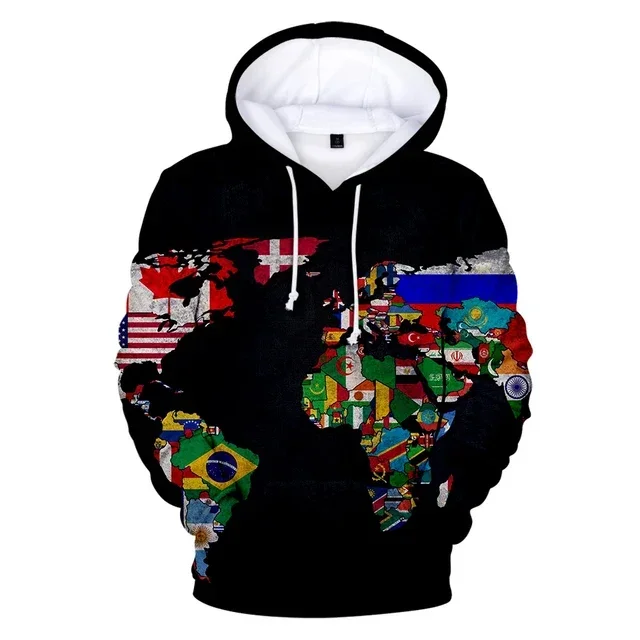 

Men's Hoodie Streetwear 3D World Map Print Hoodie Men's Pullover Autumn and Winter Casual Sweatshirt Top