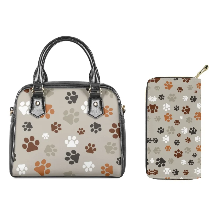 

Twoheartsgirl Dog Paw Print Female's Top-handle Bags Cartoon Girls Portable Shoulder Sac Phone Pouch 2Pcs/Set PU Women Handbags