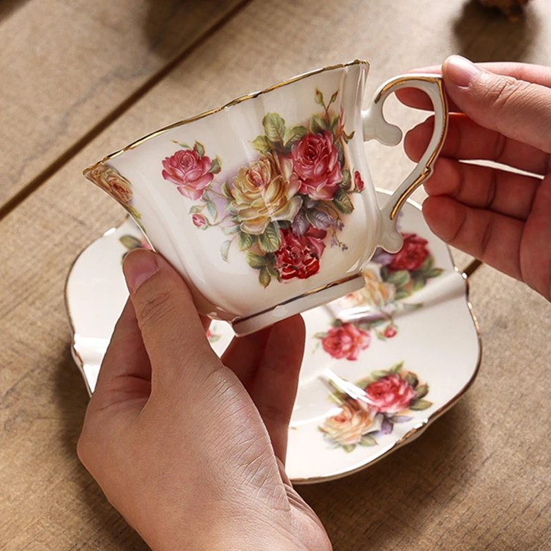 British Coffee Cup and Saucer Vintage Rose Flower Light Luxury Cup& Saucer  Gold Ceramic Mug Home Golden Edge Afternoon Teacup - AliExpress 15