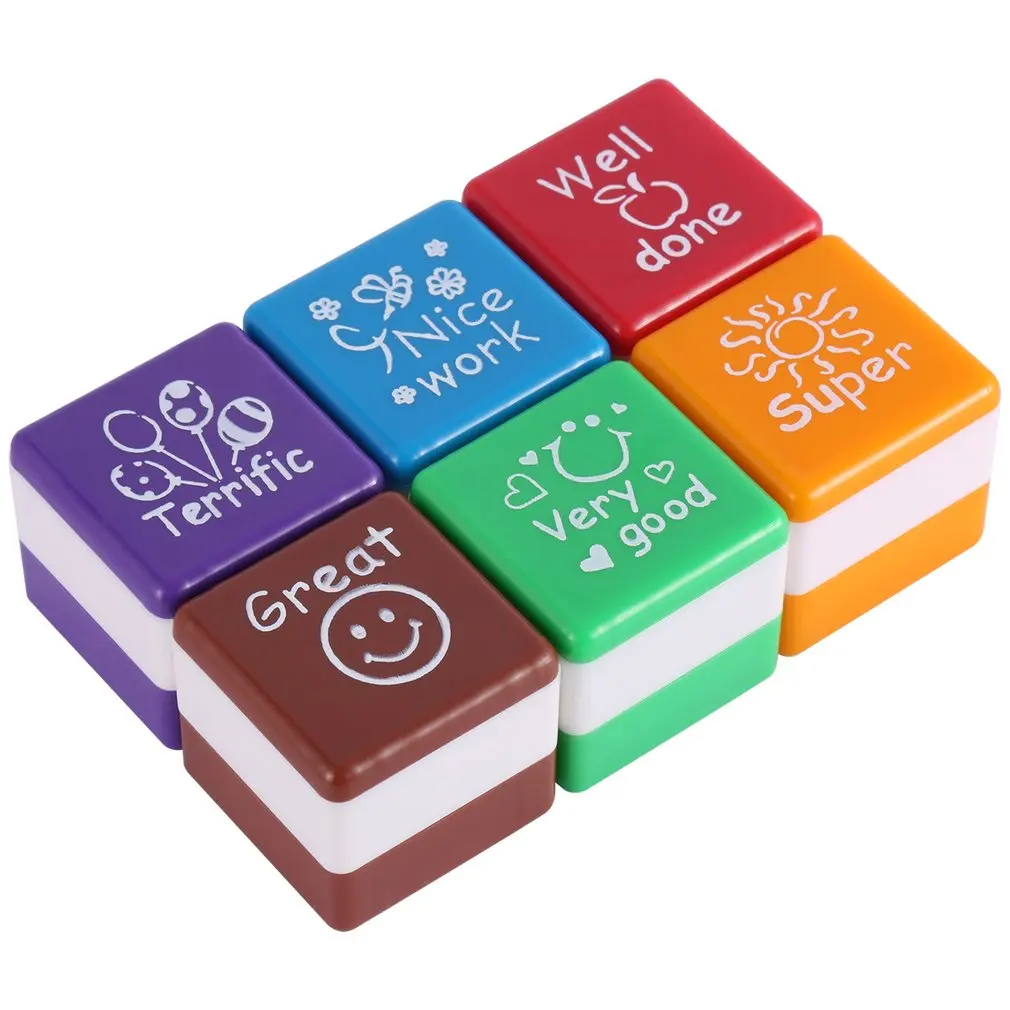 

6 PCS Cute Cartoon Kid Stamp Kindergarten Teachers Reward Stamper Motivation Praise Seal DIY Colorful English Words Children Toy