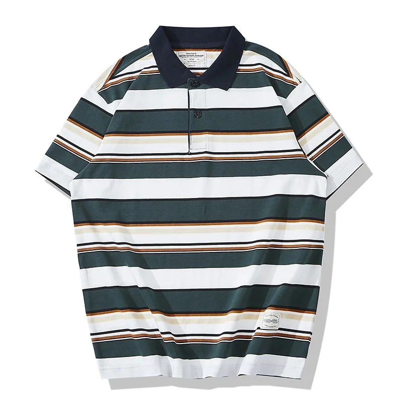 OKONKWO-Color Block Polo Collar Thick Striped T-Shirt, Heavyweight, Short Sleeve, Striped Tee, Outdoor Trekking, Travel Sports