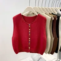 Sweater Vest Autumn Women Rainbow Single-breasted Button Soft Sweater Loose Knit Vest V-neck Knitwear Cardigan Lady Waistcoats - Image 4