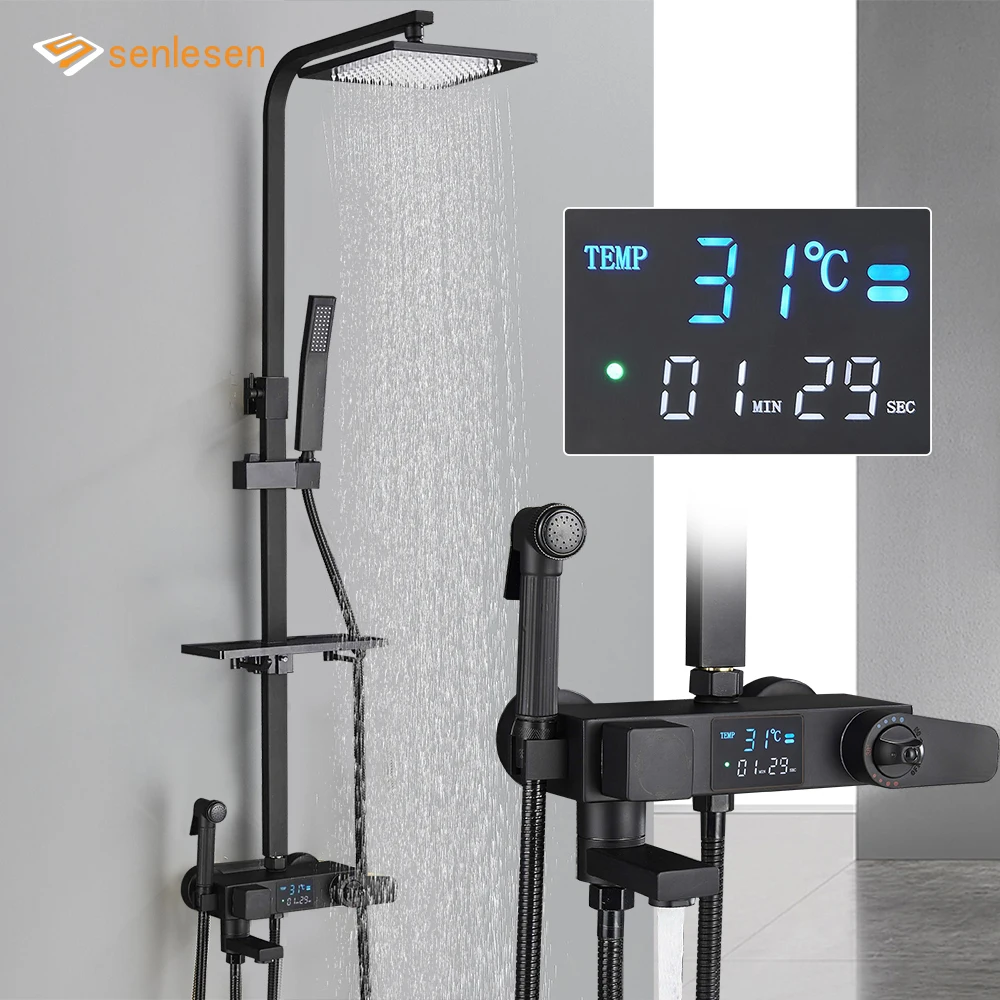 Schwarz/Chrom Thermostat Display Dusche Wasserhahn Set Regen Badewanne Mit Badezimmer Regal Und Bidet Kran