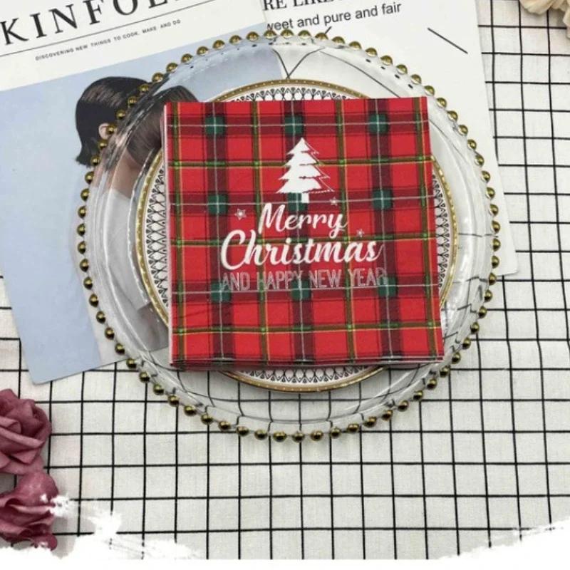 Paper Napkins Tissue Paper Decoration 10/20pcs 33cm Colourful Printed Napkins Red Christmas Plaid Christmas Tree 2 Layers Restaurant Party Decoration Paper Napkins