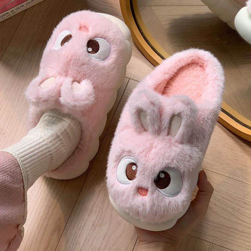New Women's Fluffy Cartoon Rabbit Cotton Slippers for Winter Indoor Bedroom Slides Kawaii Bunny Ear House Memory Foam Slippers 3