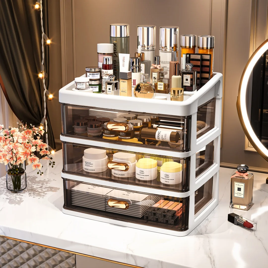 4-Tier Makeup Organizer with Drawers, Large Capacity Dustproof Cosmetic Storage Box , Nordic Style PP Material Desktop Organizer 3