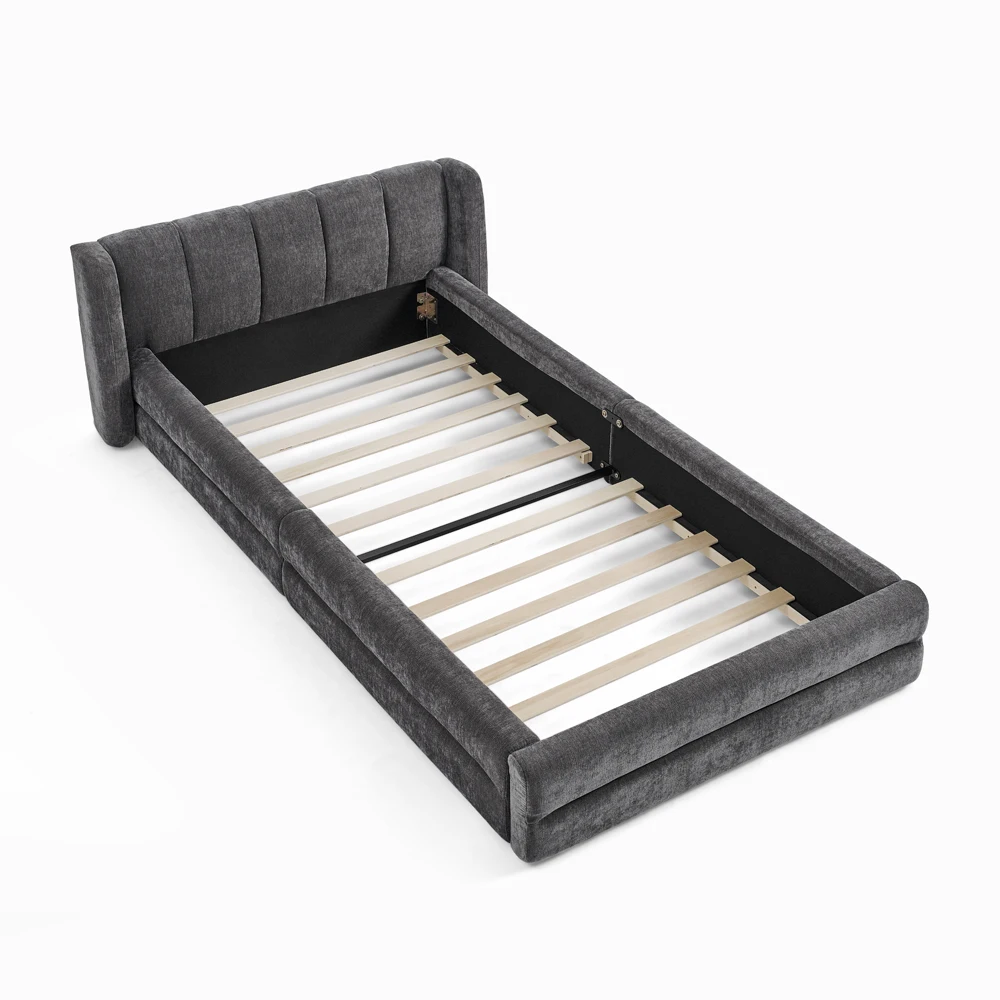 Einzelbett 90*200 cm, hautfreundlicher Chenille-Stoff, bequeme Rückenlehne, auch als Kinderbett geeignet, Beige (ohne Matratze) – Detail 23