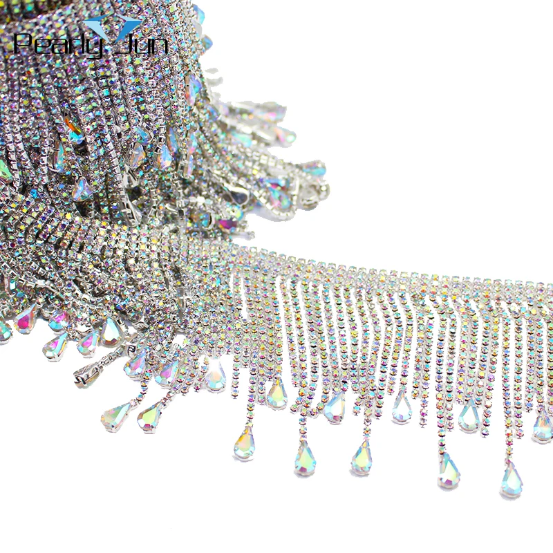 1/5 Yards DIY Glass Teardrop Rhinestone Tassels Metal Chain Crystal Gold AB Fringe Dancing Dress Shinning Trimming Strass ML124
