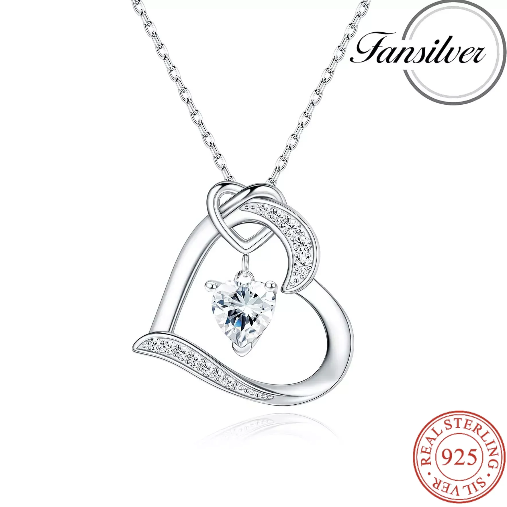 

Fansilver 925 Sterling Silver Heart Necklace for Women White Gold Plated CZ Pendant Neck Chian Birthday Valentine's Day Jewelry