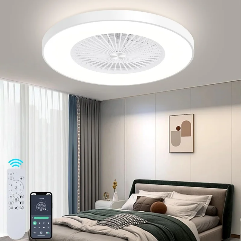 

24" Low Profile Ceiling Fan with Light, Bladeless Remote/APP Control, Flush Mount , Modern Enclosed