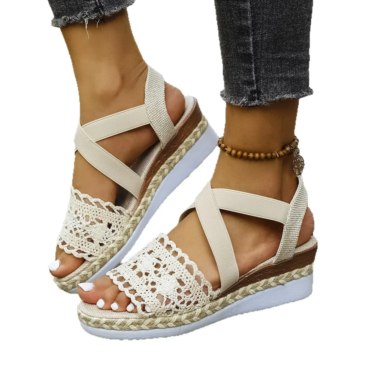 Women Hollow Wedge Sandals Summer Peep Toe Ankle Buckle Sandals Woman Thick Sole Elegant Platform Comfortable Beach Shoes