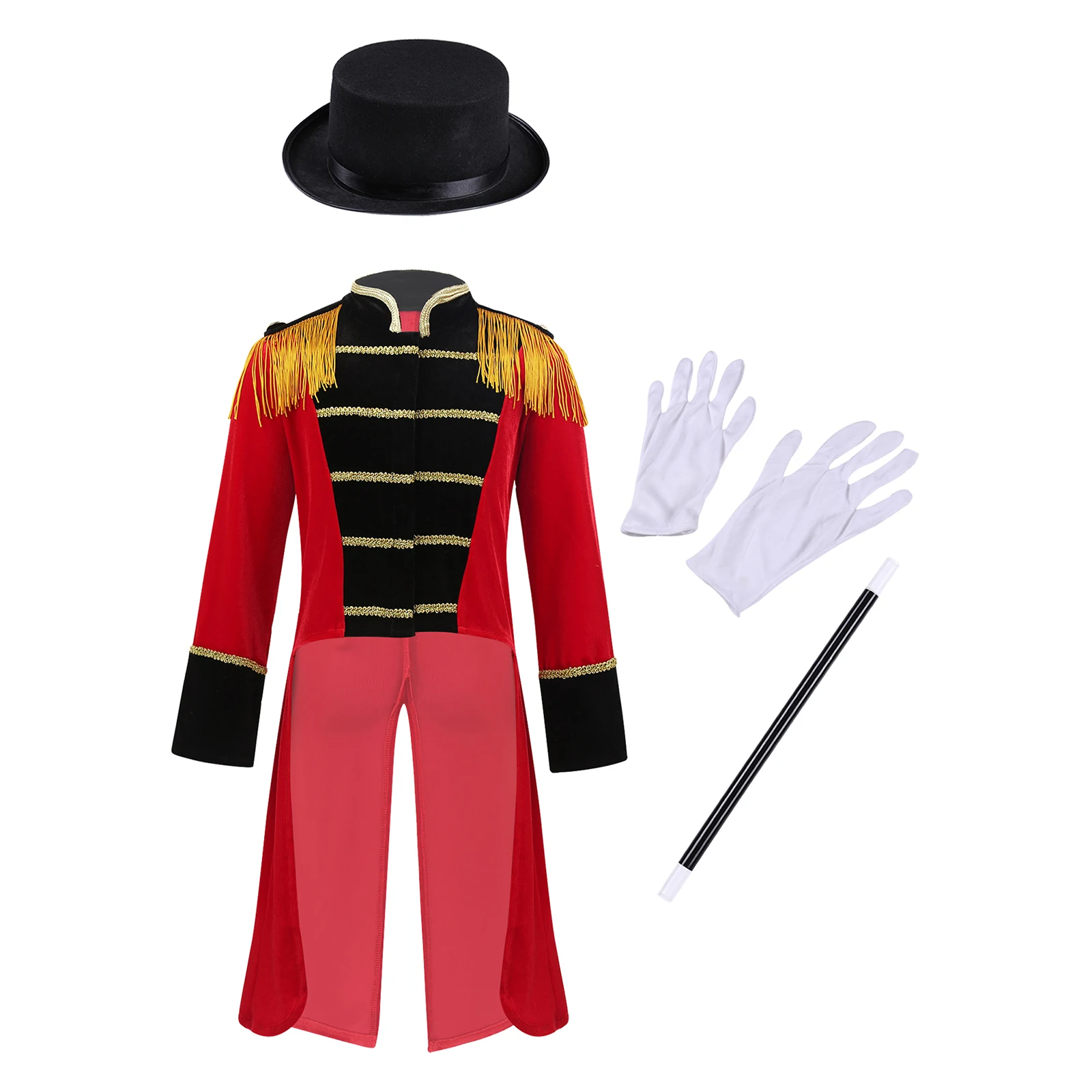 

Kids Boys Circus Ringmaster Lion Tamer Costume Halloween Theme Party Magician Cosplay Long Sleeve Fringes Trim Tailcoat Jacket