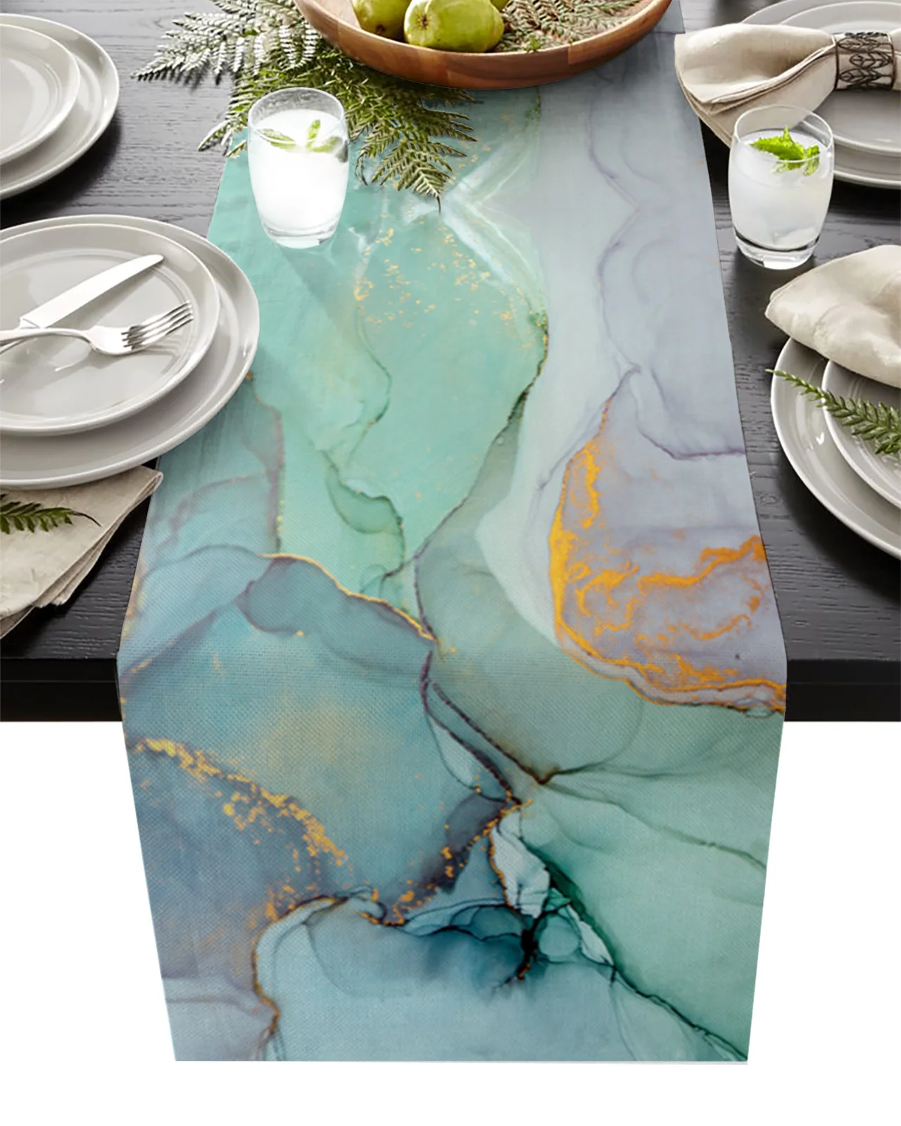 

Marble Turquoise Linen Table Runner Kitchen Table Decoration Farmhouse Reusable Dining Table Cloth Wedding Party Decor