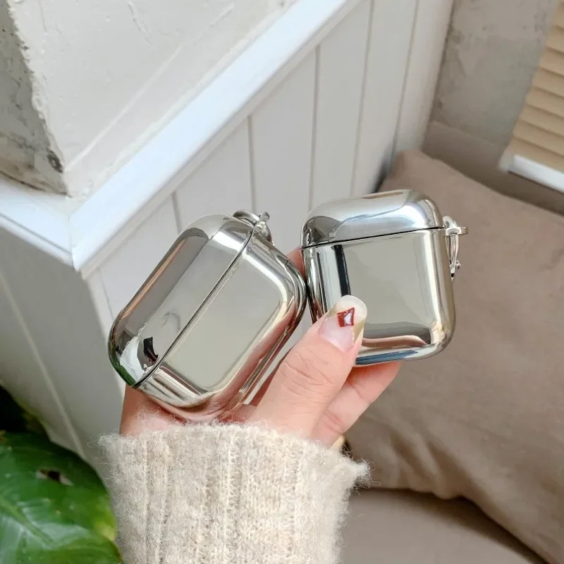 Suitable For Apple AirPods 1 2 3 4 Pro 3 2 Earphone Cover Protective Case Electroplated Mirror Simplicity Silver Case With Hook