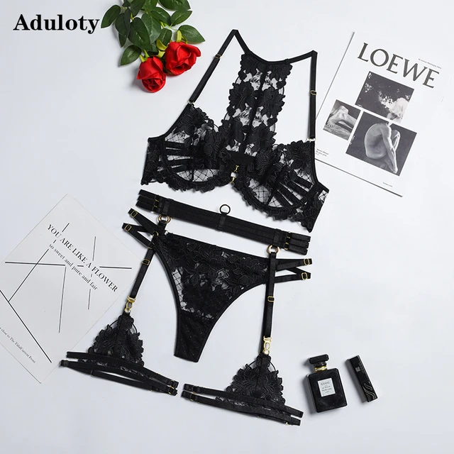 Black Embroidered Underwired Mesh 3 Piece Lingerie Set