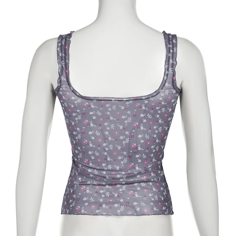 Camiseta sin mangas de malla transparente con estampado floral para mujer, camiseta de verano ajustada Y2K con cuello cuadrado vintage, camiseta sexy de moda