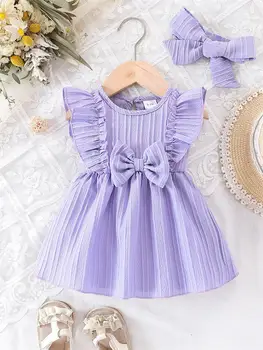 0-24 Months Cute Baby Girl Summer Dress Purple Ruffle Bow Princess Skirt+Headband 2Pcs Baby Clothing 1