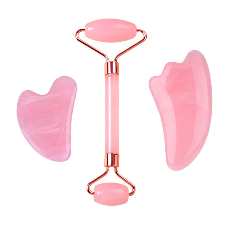Rullo Di Giada In Resina Naturale Gua Sha Raschietto Set Rosa Guasha Face Lift Massaggiatore Rughe Doppio Mento Remover Strumenti Per La Cura Della Pe