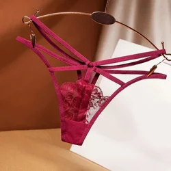 Lace - Embroidered Transparent Women's Thong with Cross - Belt Design - 1pc (Burgundy)