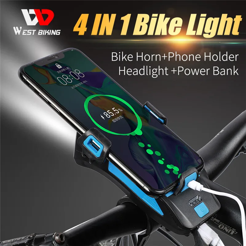 

WEST BIKING 4 In 1 Bicycle Headlight Horn Phone Holder Alarm Bell Power Bank Cycling Led Front Light Flashlight Bike Accessories