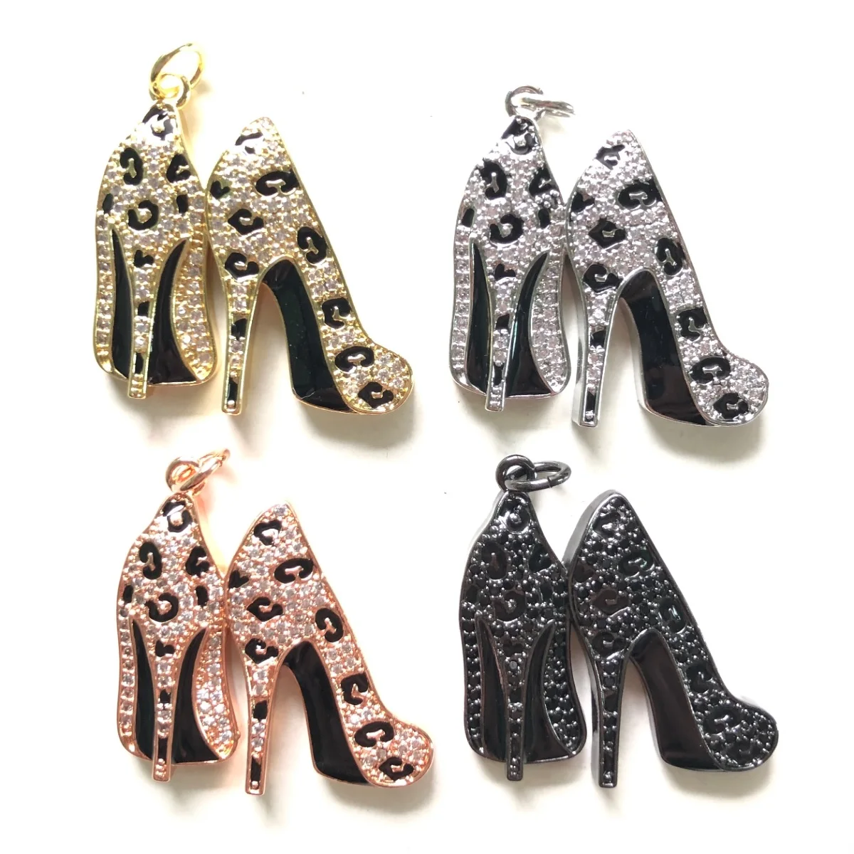 5pcs Leopard Printed High Heels Charms Zirconia Paved Fashion Shoe Pendants for Women Bracelet Necklace Making Jewelry Accessory