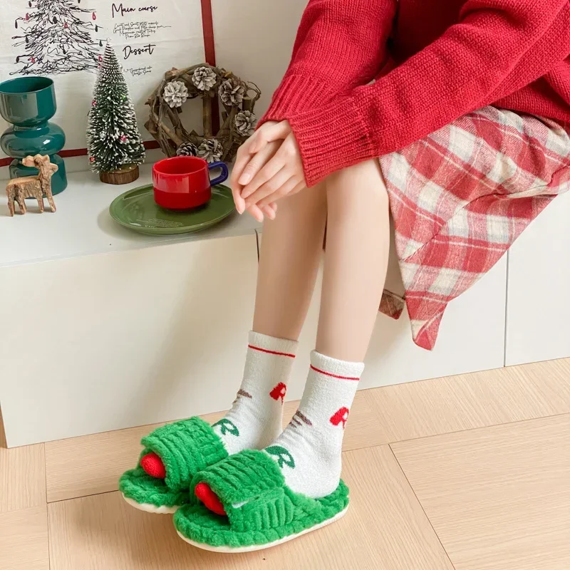 

Winter Coral-velvet Floor Mid-tube Christmas Socks Ladies Red New Year Thickened Warm Home Sleeping Socks