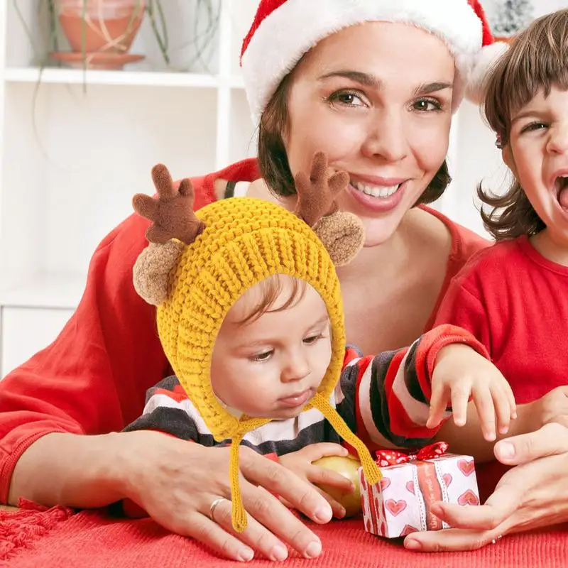 Chapeau de renne doux et chaud unisexe pour bébé garçon et fille, bonnet en laine de coton confortable, avec sourire, hiver